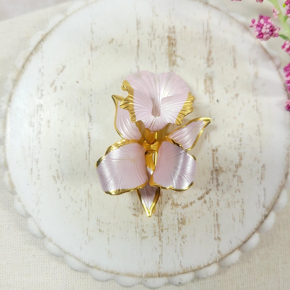Vintage 1982 Cerrito Signed Pink Orchid Brooch, Pearlized Enamel /Gold Tone